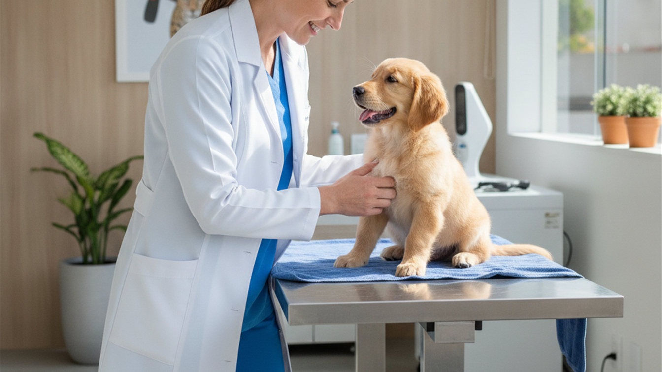 Veterinaria examinando cachorro golden retriever em clinica moderna no Brasil