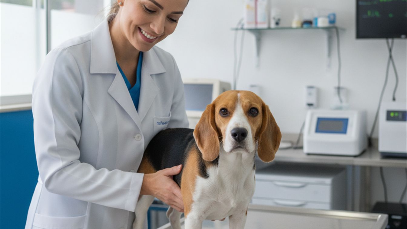 Veterinária examinando cachorro em clínica moderna no Brasil