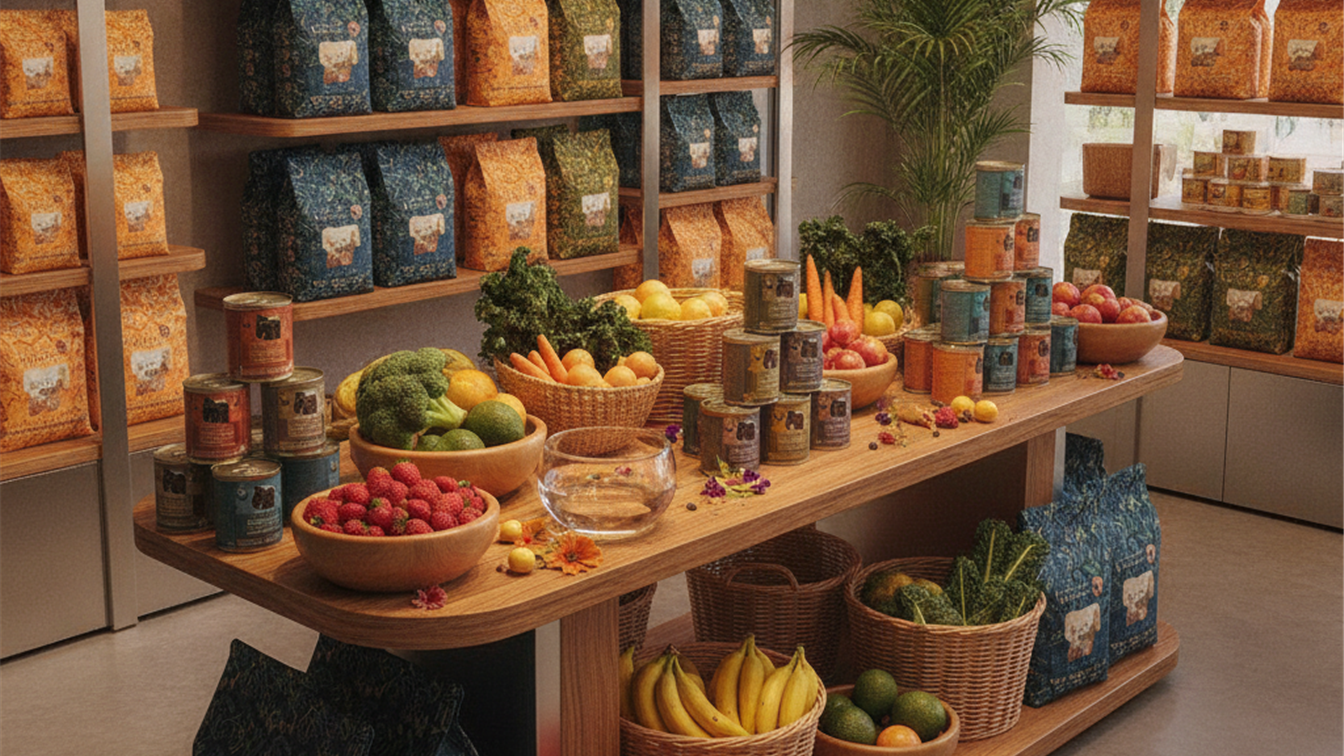 Produtos premium de alimentação para pets em pet shop moderno