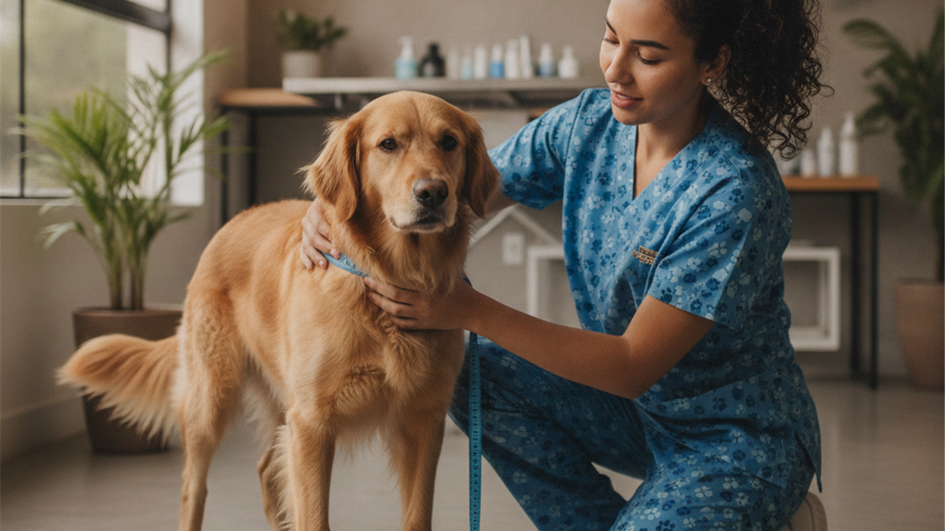 veterinarian weighing dog digital scale body condition