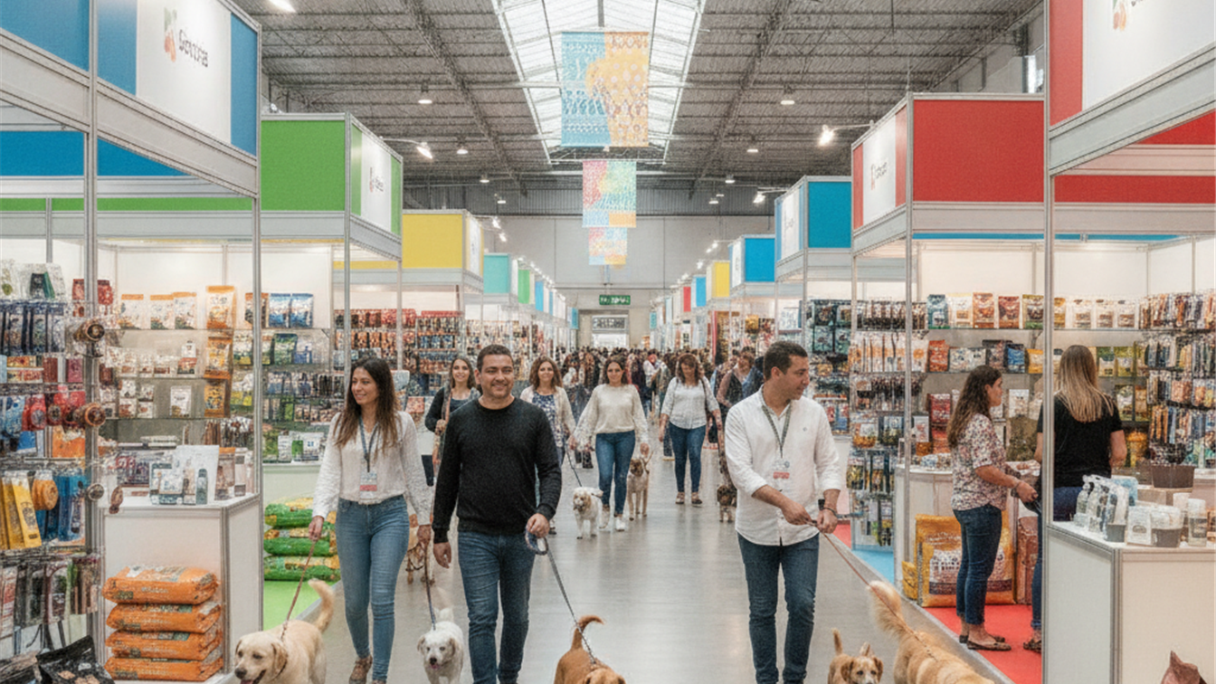 Feira pet no Brasil com pessoas e cachorros