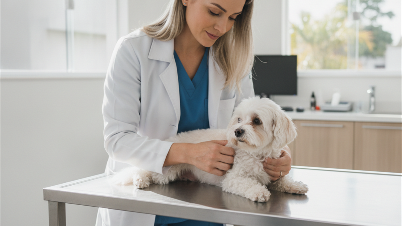 veterinario examinando cachorro em clinica apos ingestao de planta