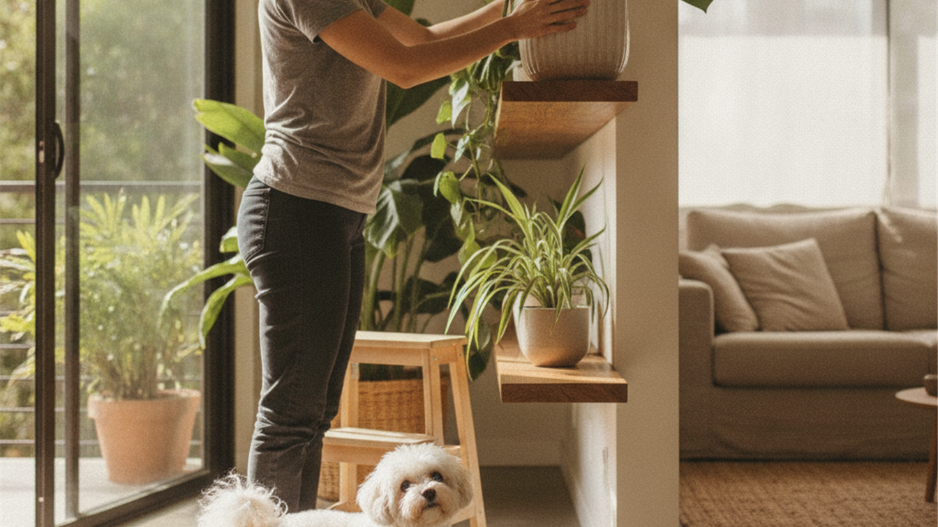 tutor colocando planta fora do alcance do cachorro em casa