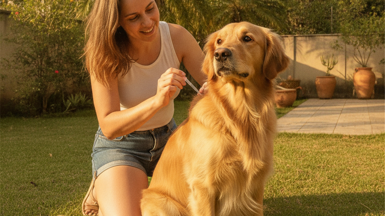 Tutor aplicando antipulgas em cachorro