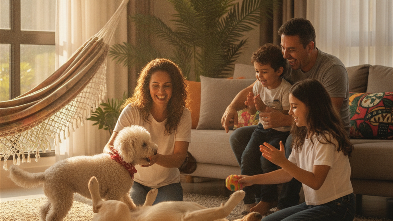 familia brasileira com caes e gatos em casa