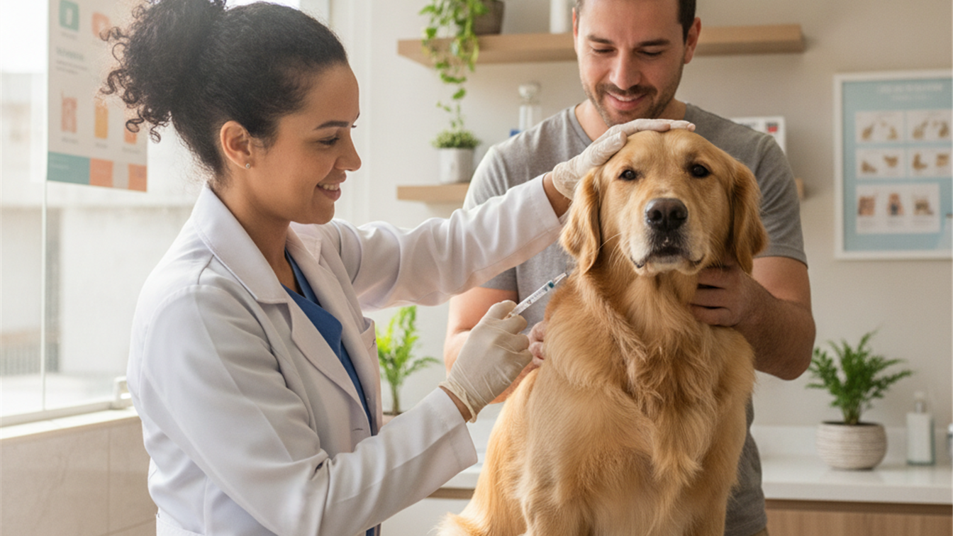 Veterinario vacinando cachorro em clinica no Brasil