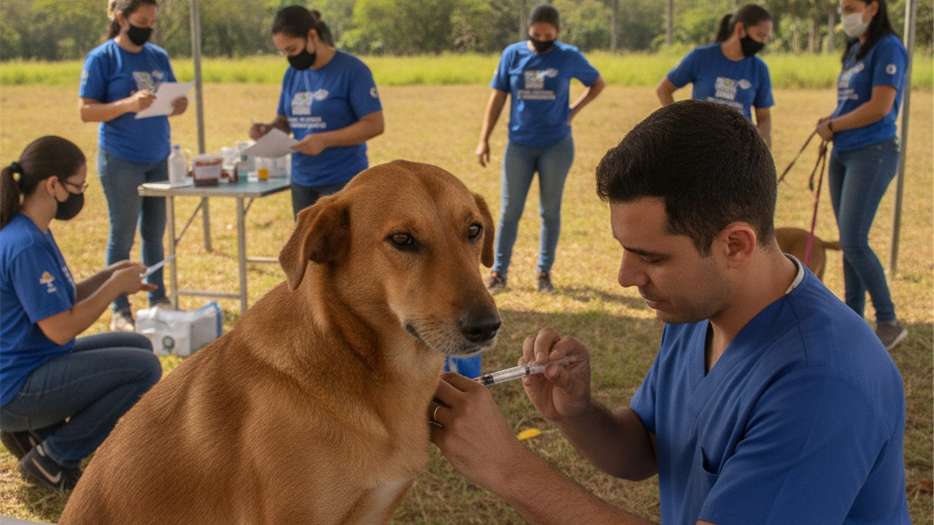 Veterinario aplicando vacina antirrabica em cao no Brasil