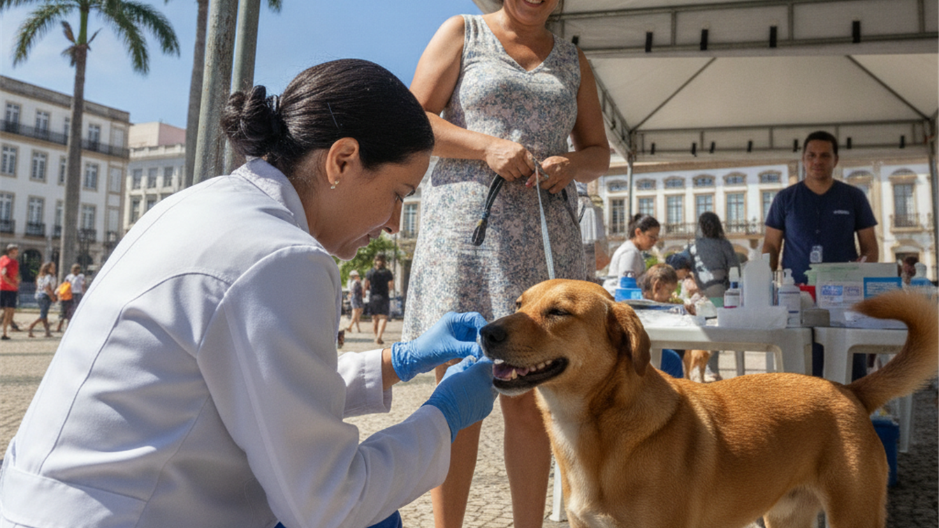 Veterinaria vacinando cachorro em campanha antirrabica no Brasil