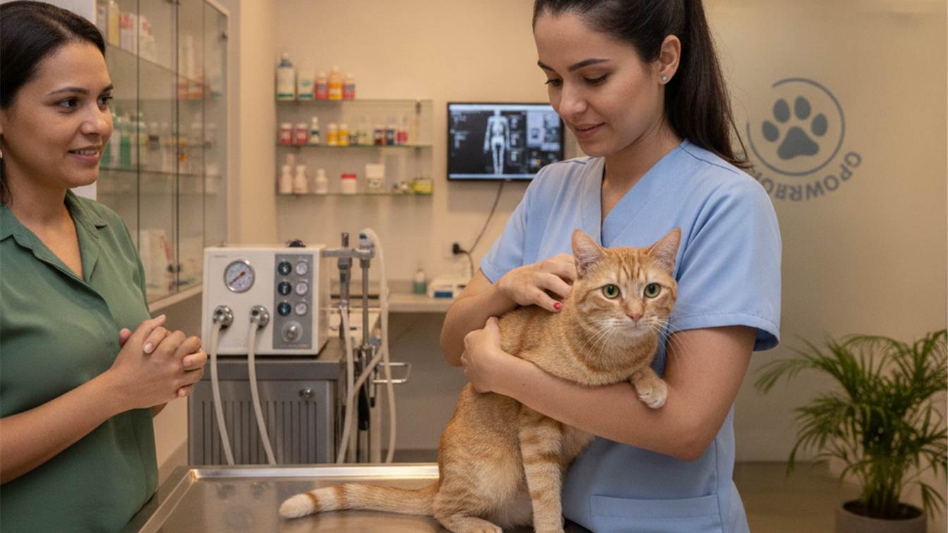 Veterinario examinando gato em clinica no Brasil