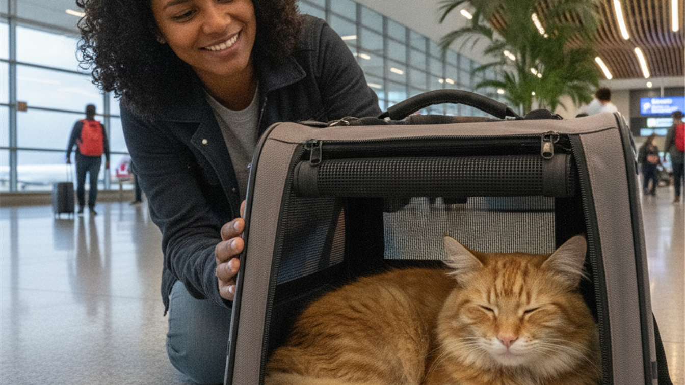 gato em caixa de transporte no aeroporto brasil