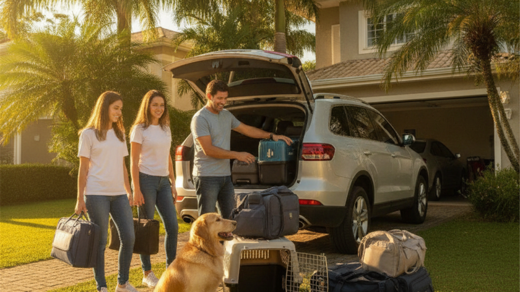 familia brasileira preparando viagem de carro com cachorro