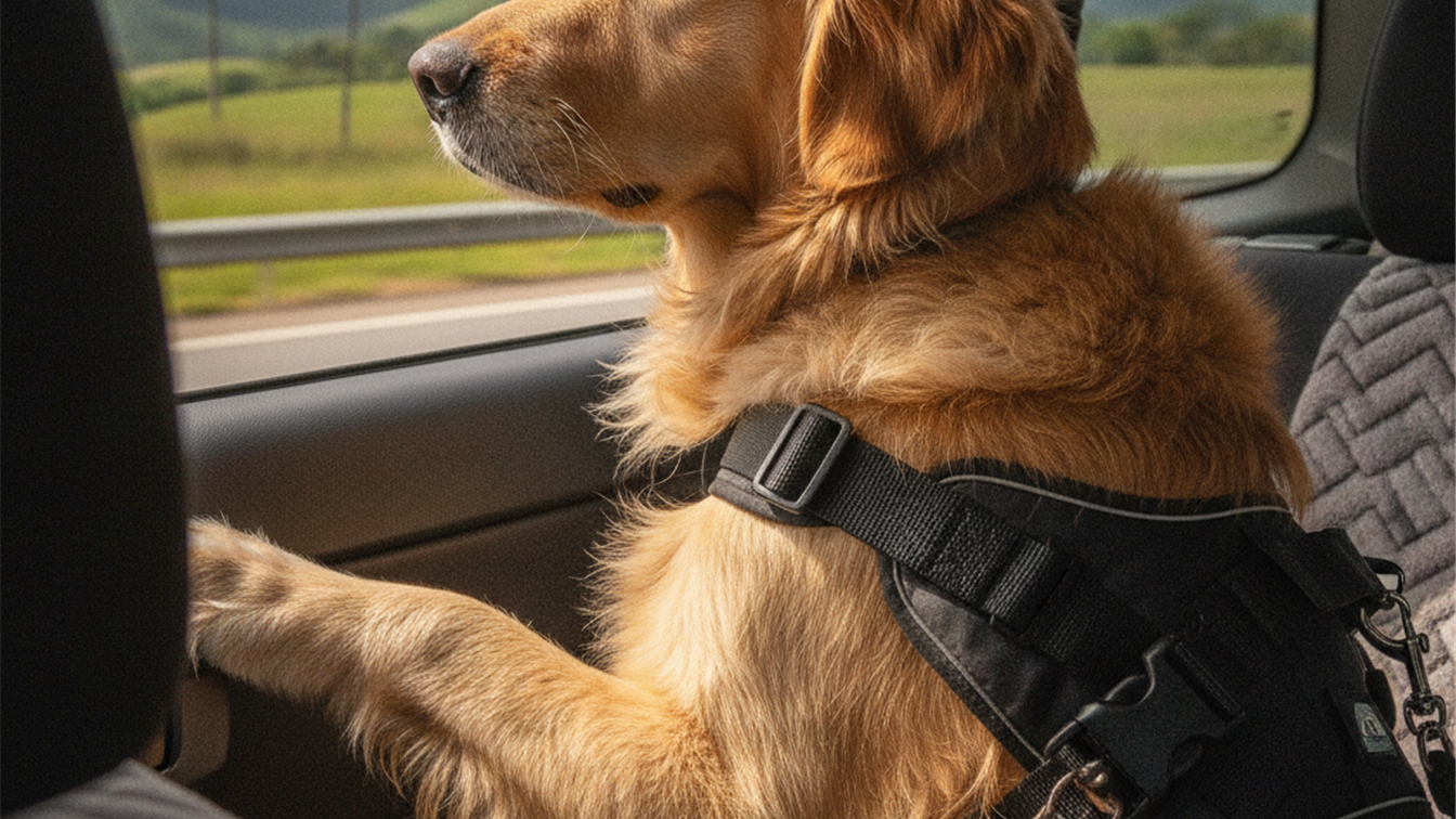 cachorro com peitoral de seguranca no banco de carro durante viagem