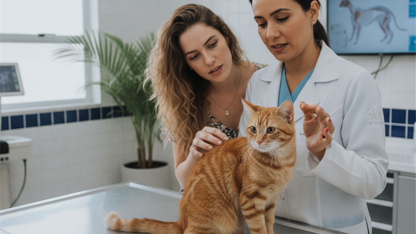 veterinario examinando gato laranja com tutora jovem em clinica veterinaria brasileira moderna