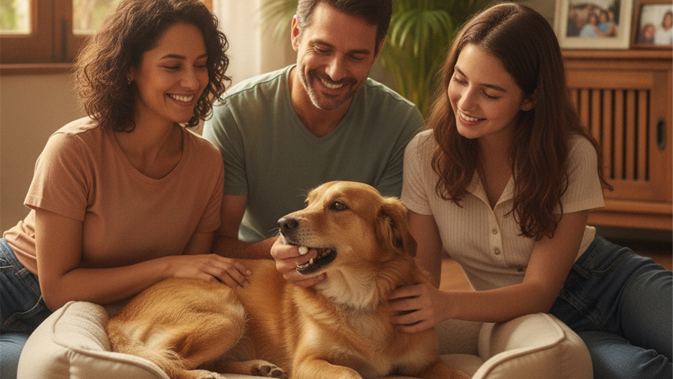 tutor dando suplemento para cachorro com artrite em cama ortopedica