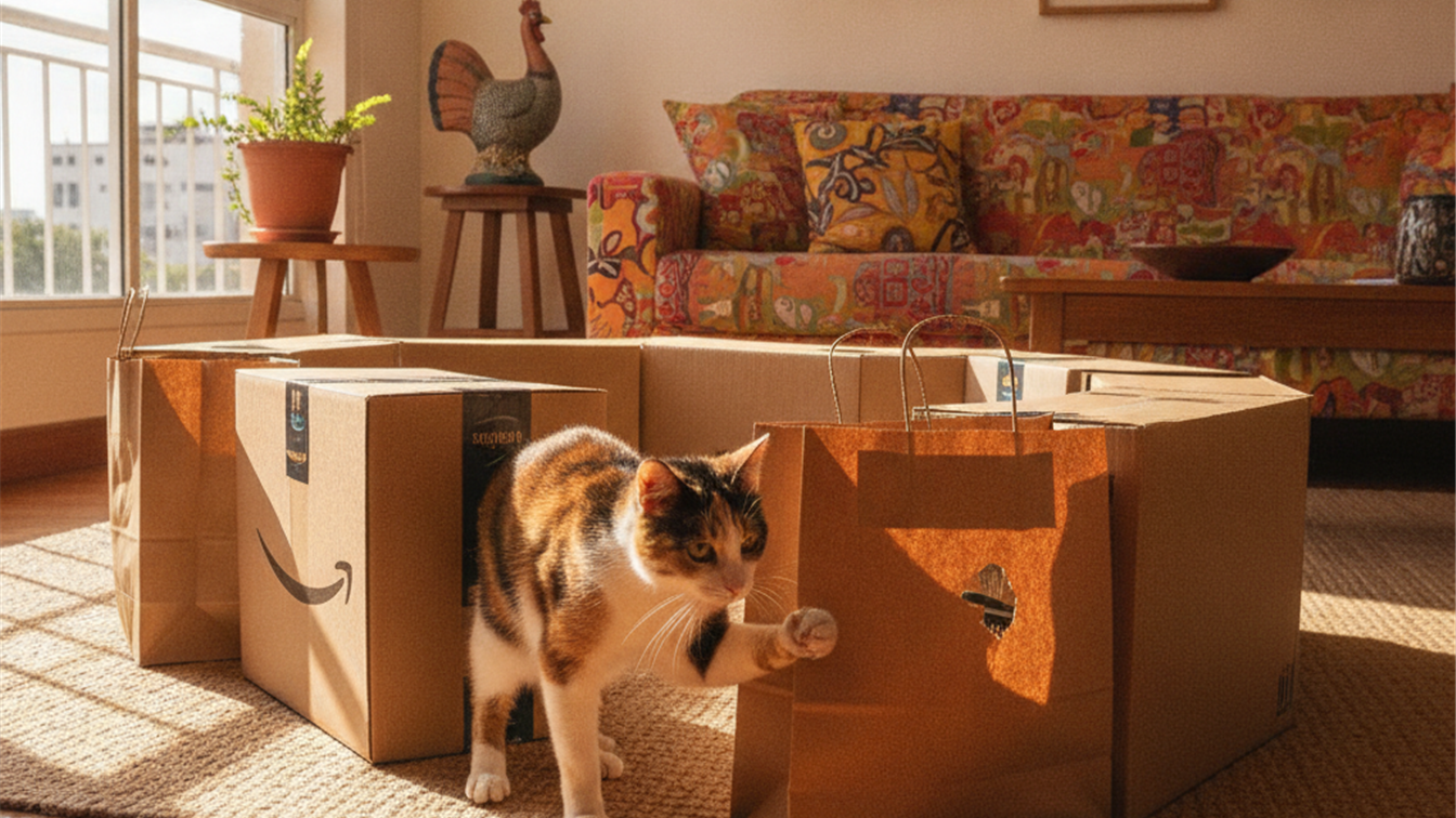 gato explorando caixa de enriquecimento ambiental em apartamento