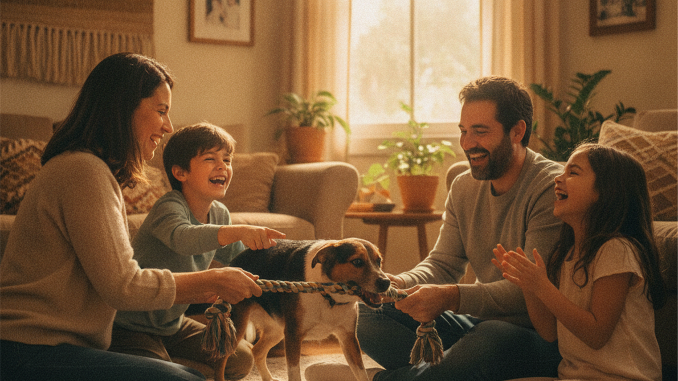 familia brasileira brincando com cao usando brinquedo de enriquecimento