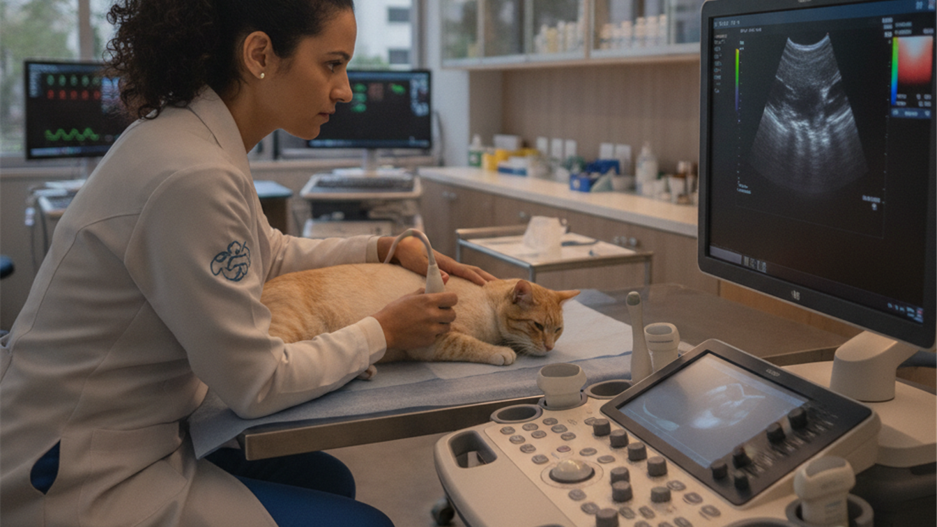 Veterinario fazendo ecocardiograma em gato - exame cardiaco para pets