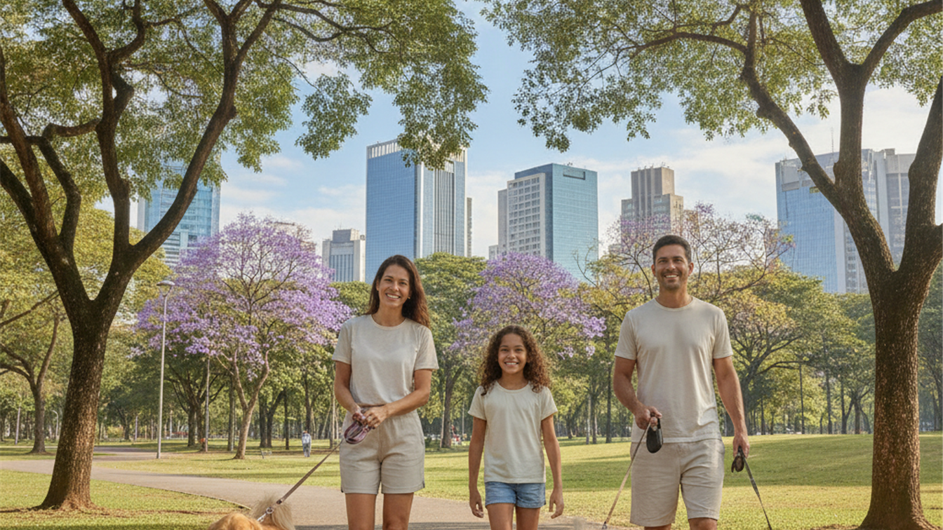 familia passeio cachorro parque urbano brasil 2026