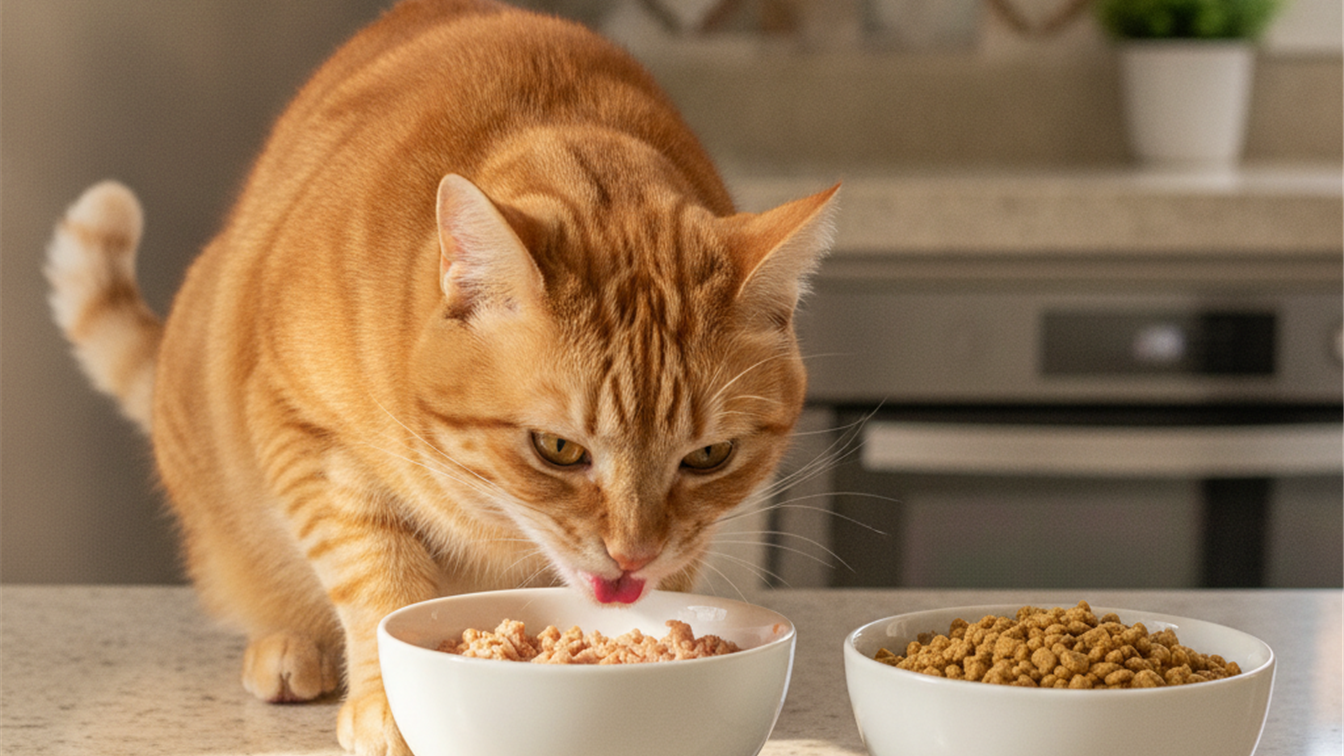 Gato saudavel comendo racao umida ao lado de racao seca em casa