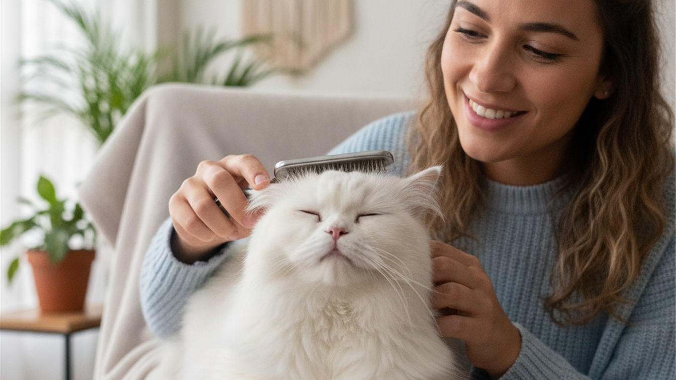 gato sendo escovado em casa - cuidados higiene felino