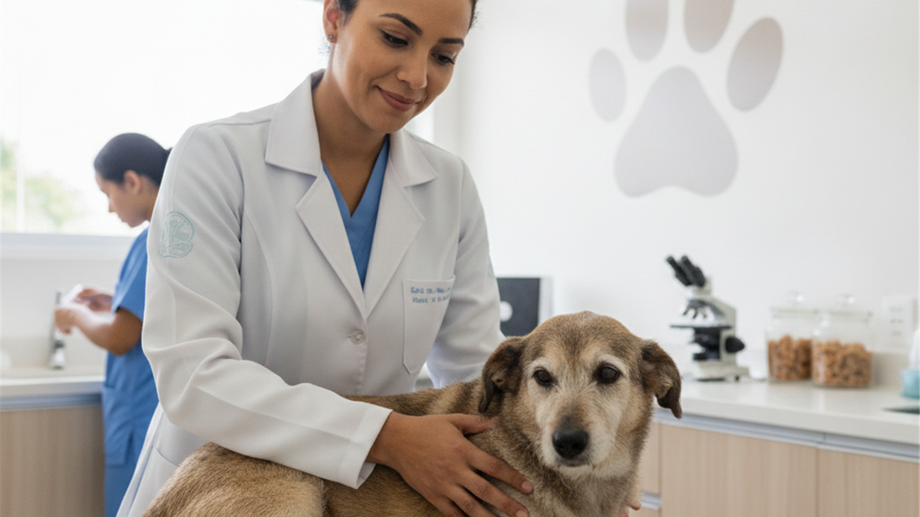 veterinario examinando pets idosos check-up saude