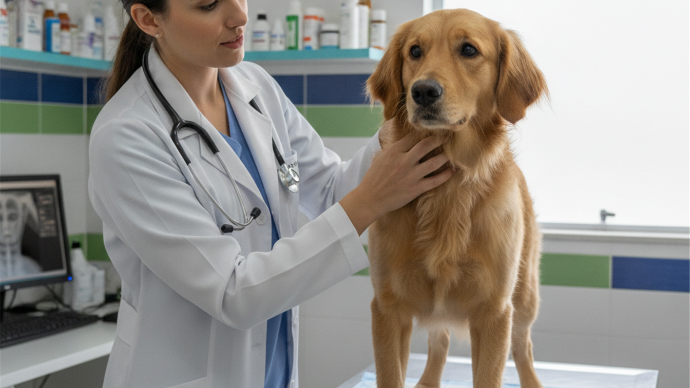 Veterinario examinando cao em clinica para diagnostico de leishmaniose