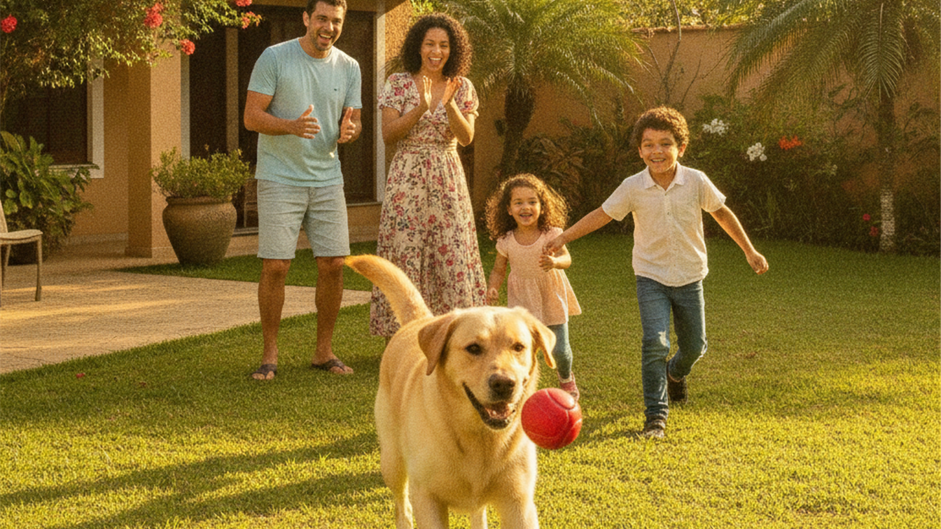 Cachorro saudavel vacinado brincando com familia no Brasil