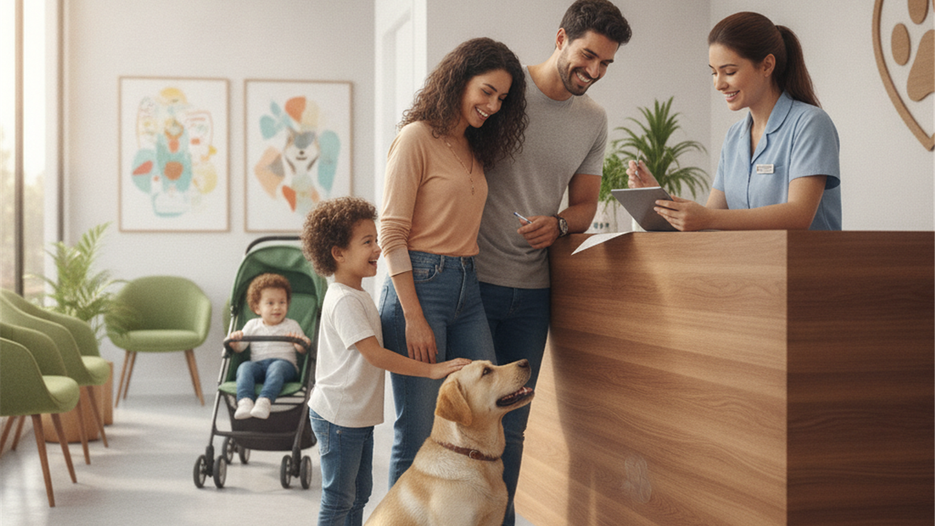 familia cadastrando pet na clinica veterinaria