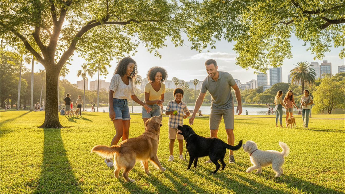 Familia feliz com caes e gatos em parque ensolarado no Brasil