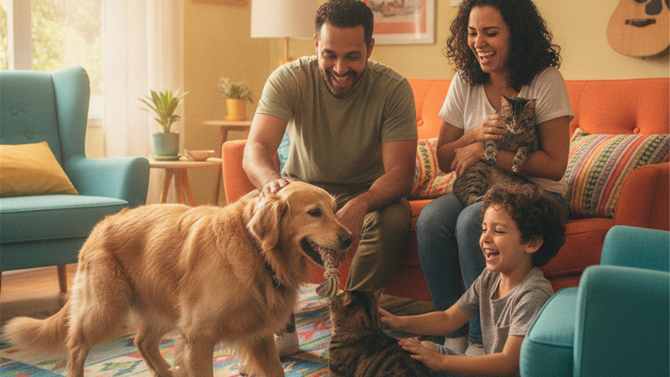 Familia com cachorro e gato no ambiente domestico feliz