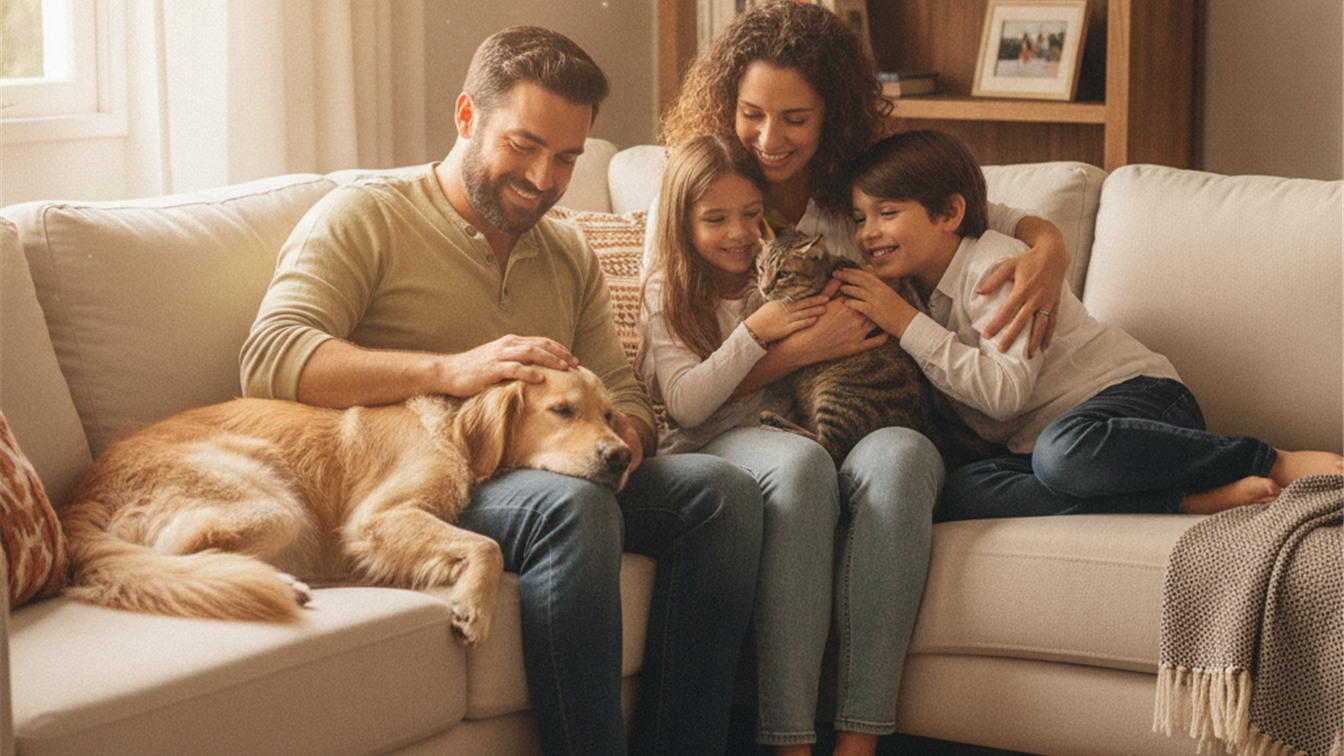 Familia brasileira com pets cachorro e gato em casa setembro 2026