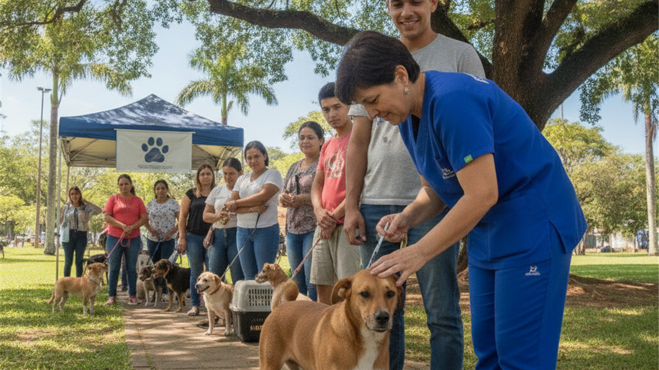 Vacinacao antirrabica 2026 veterinario vacinando cachorro campanha publica Brasil