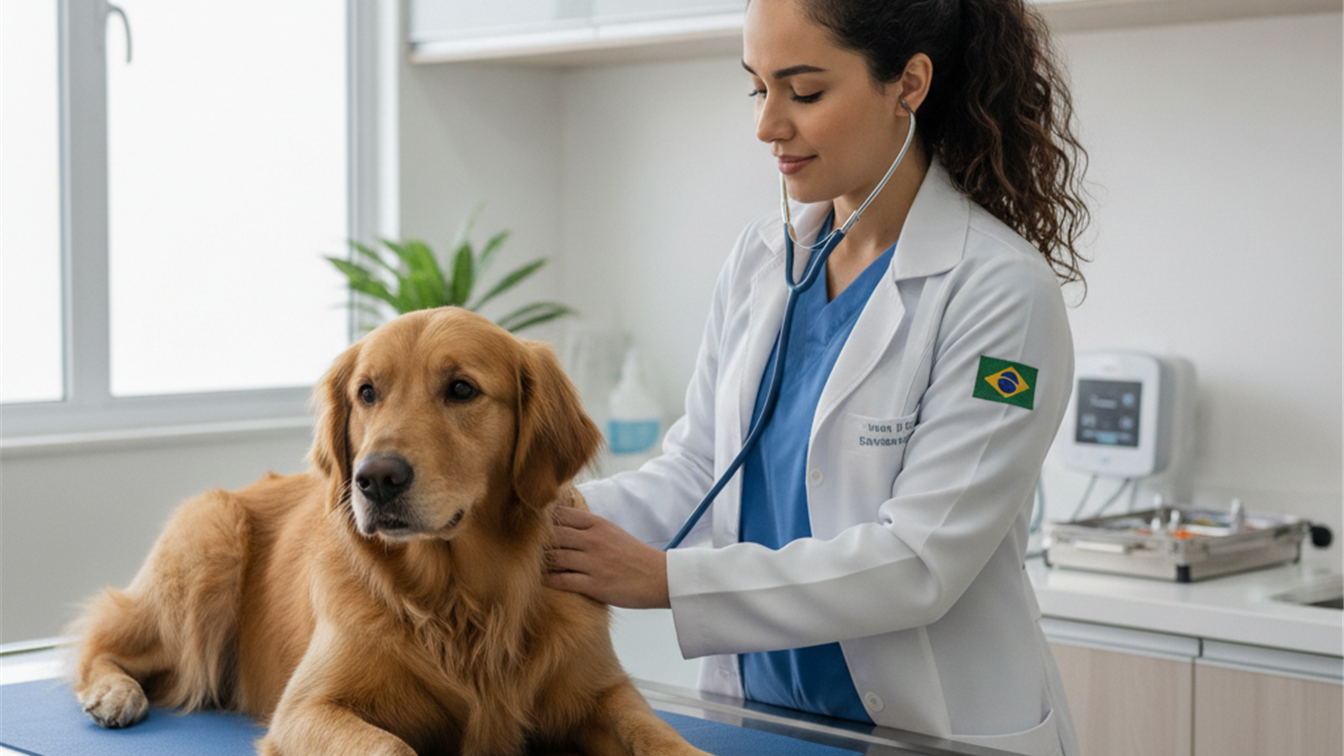 Veterinario examinando cachorro golden retriever em clinica moderna no Brasil