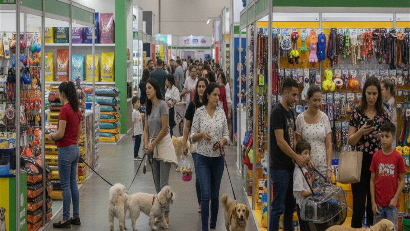 Feira de produtos para pets no Brasil com expositores e familias