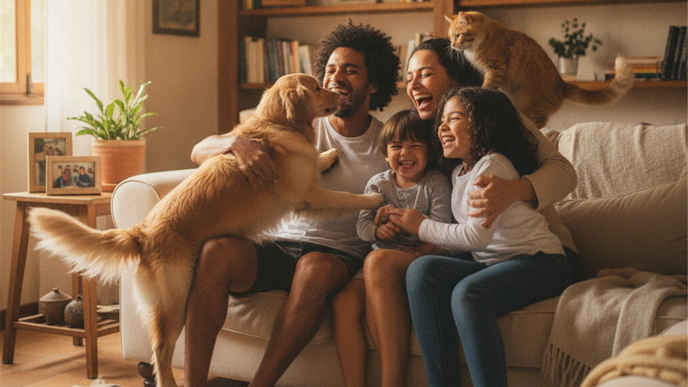 Familia brasileira com cachorro e gato em casa