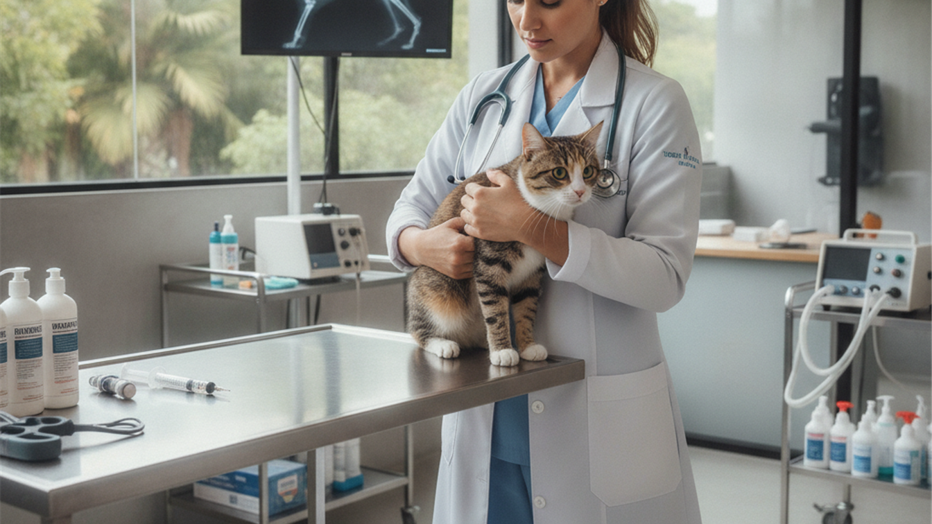 Veterinario examinando gato em clinica moderna no Brasil