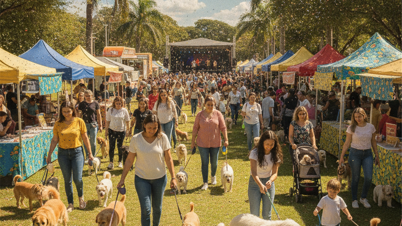 Feira de pets ao ar livre no Brasil com donos e cachorros