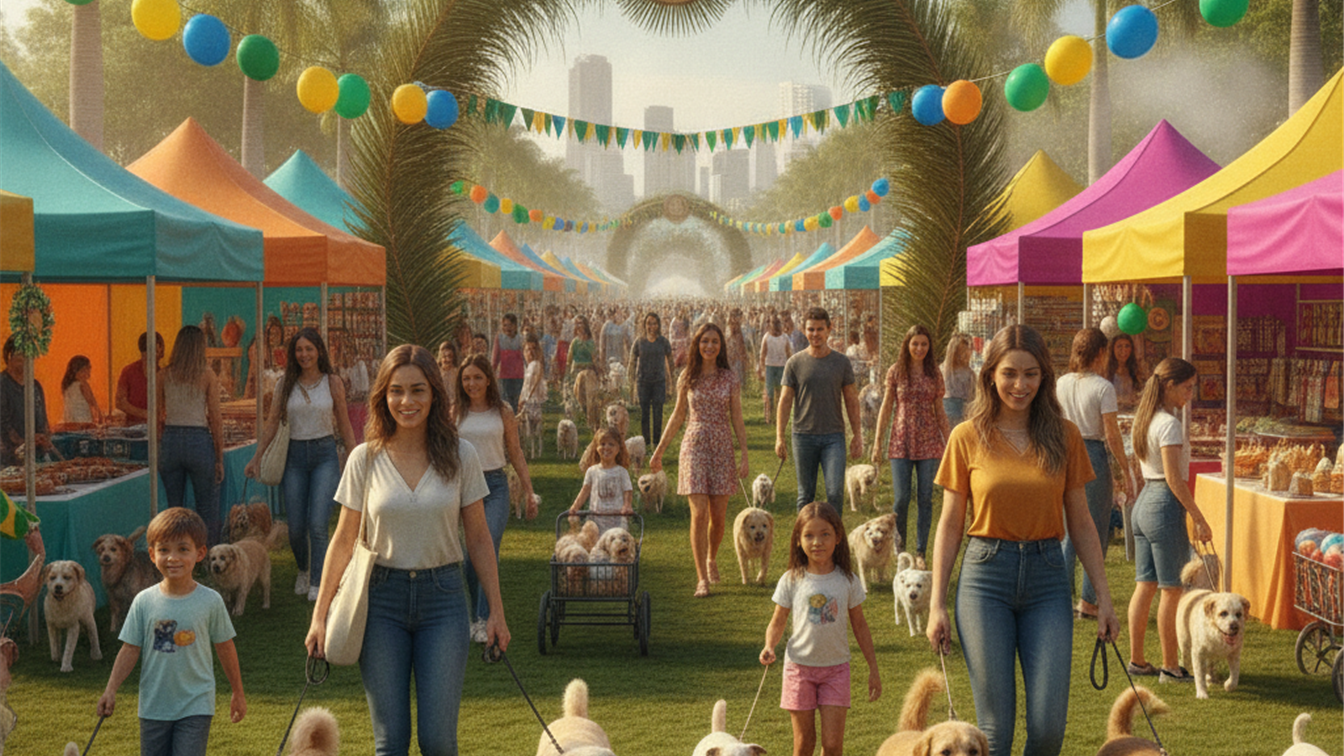 Feira de pets no Brasil com familias e animais de diversas racas