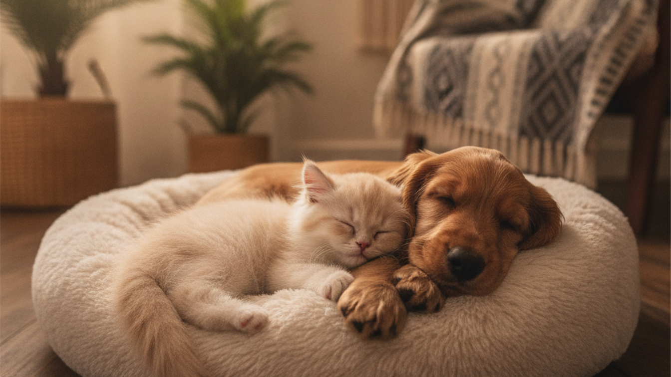 filhotes gato cachorro dormindo juntos
