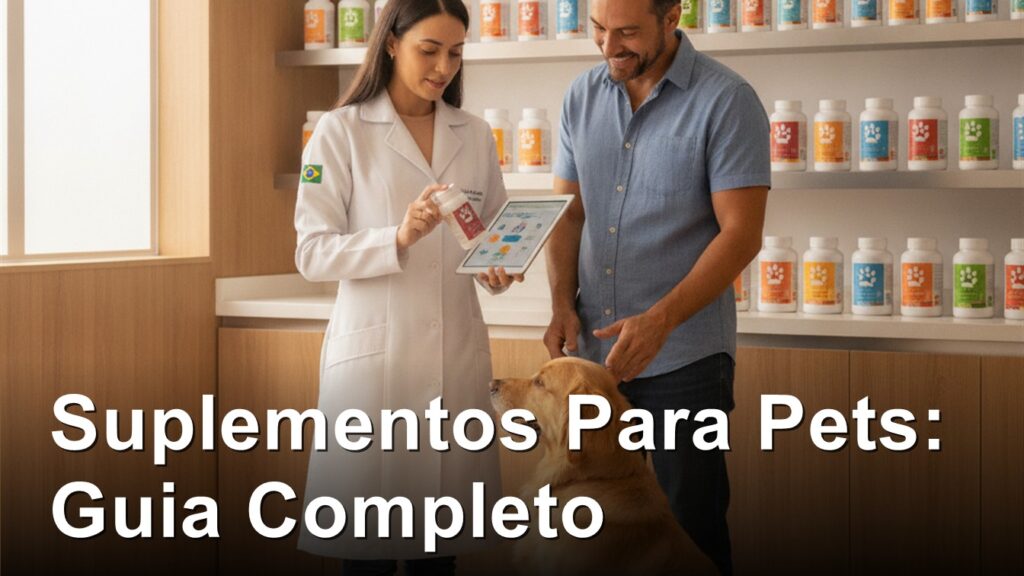 Veterinario mostrando suplementos e vitaminas para pets em clinica veterinaria