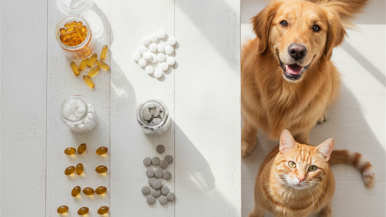 Suplementos e vitaminas para caes e gatos sobre mesa