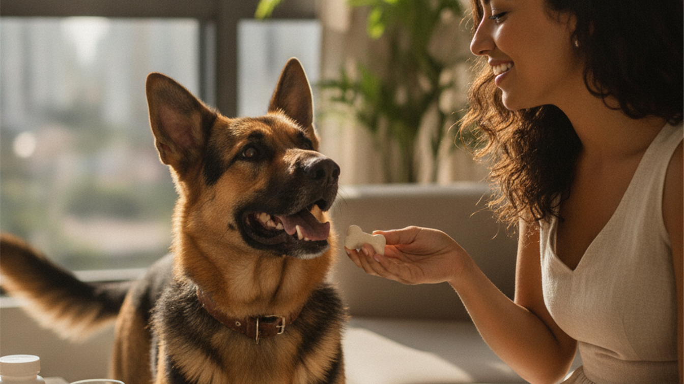 Tutora dando suplemento para cachorro saudavel em casa