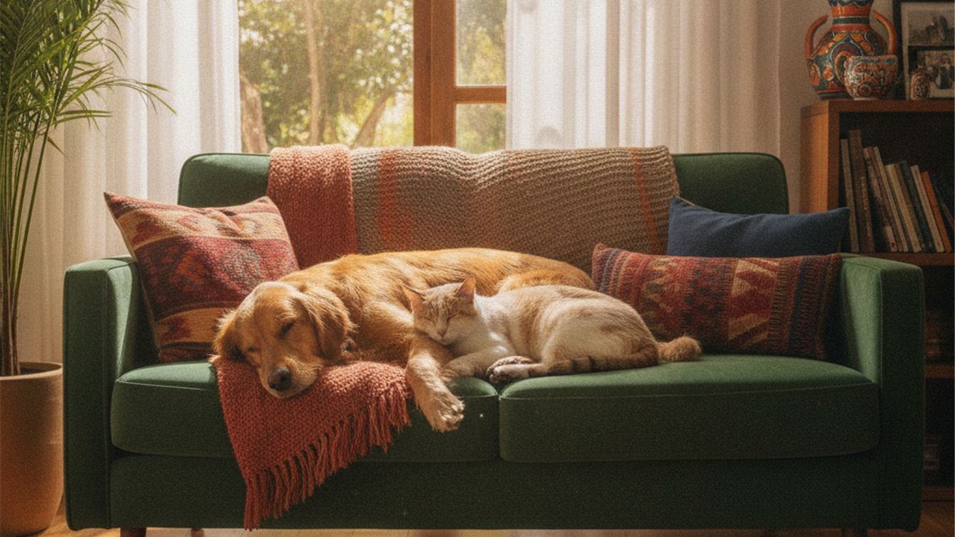 gato e cachorro descansando juntos no sofa convivencia