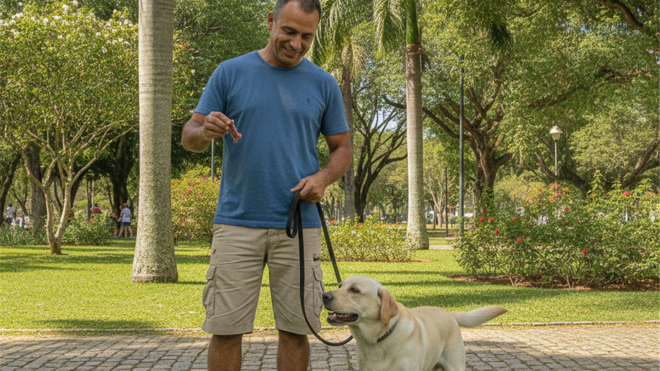 homem ensinando cachorro labrador a andar na guia com petisco