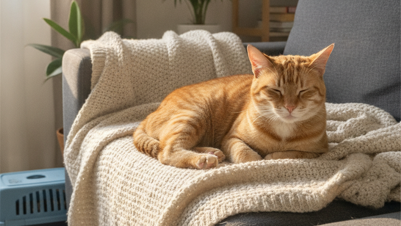 Gato descansando no sofa durante recuperacao da castracao de gatos