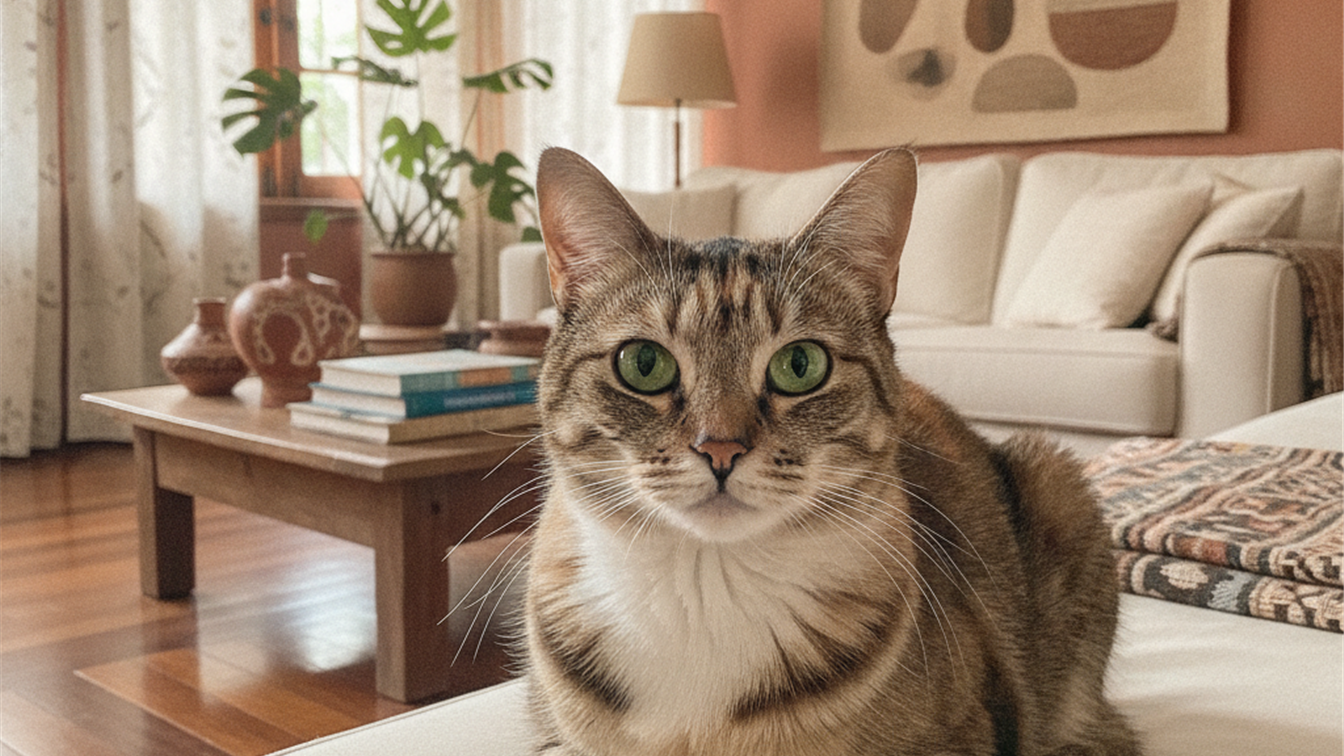 Gato malhado de olhos verdes sentado em um sofa na sala