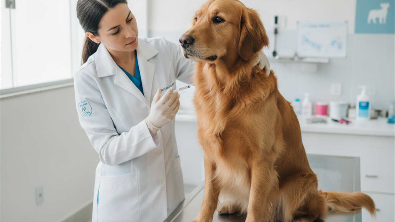 veterinaria vacinando cao golden retriever em clinica