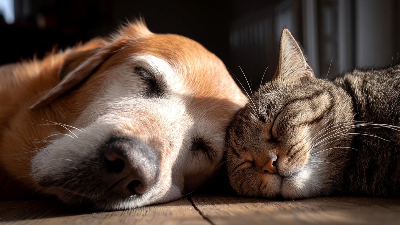 Cachorro e gato dormindo juntos no chão de casa