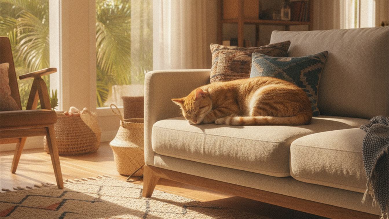 Gato laranja dormindo tranquilamente em um sofá iluminado pelo sol