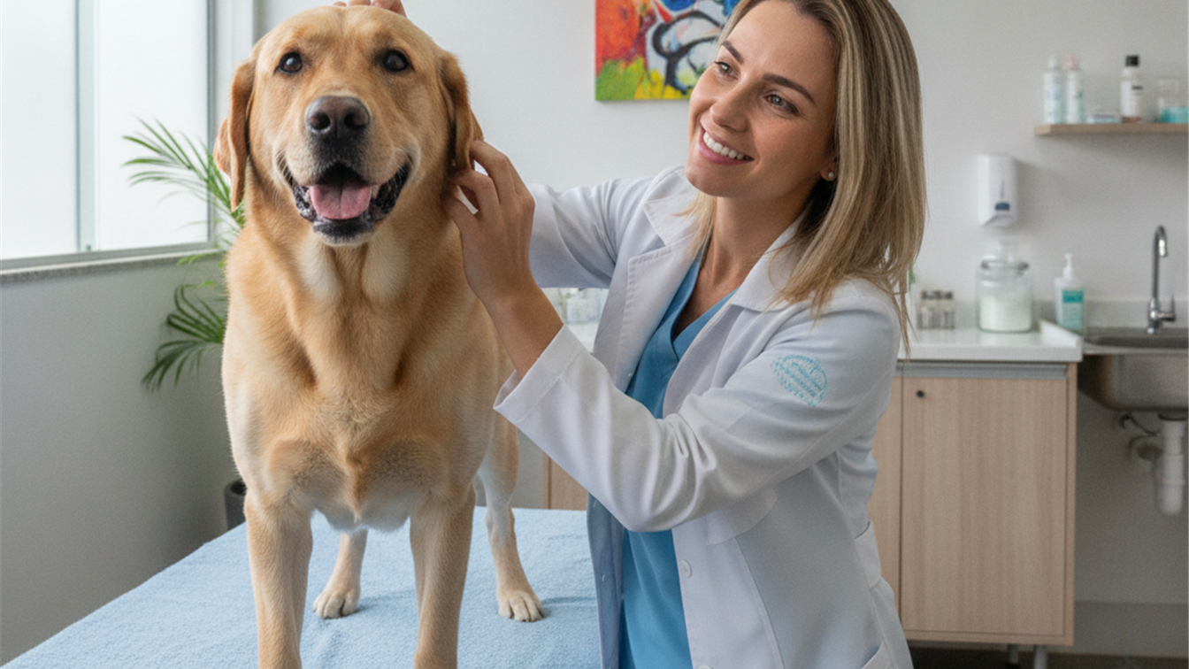 Veterinária examinando cão labrador em clínica veterinária